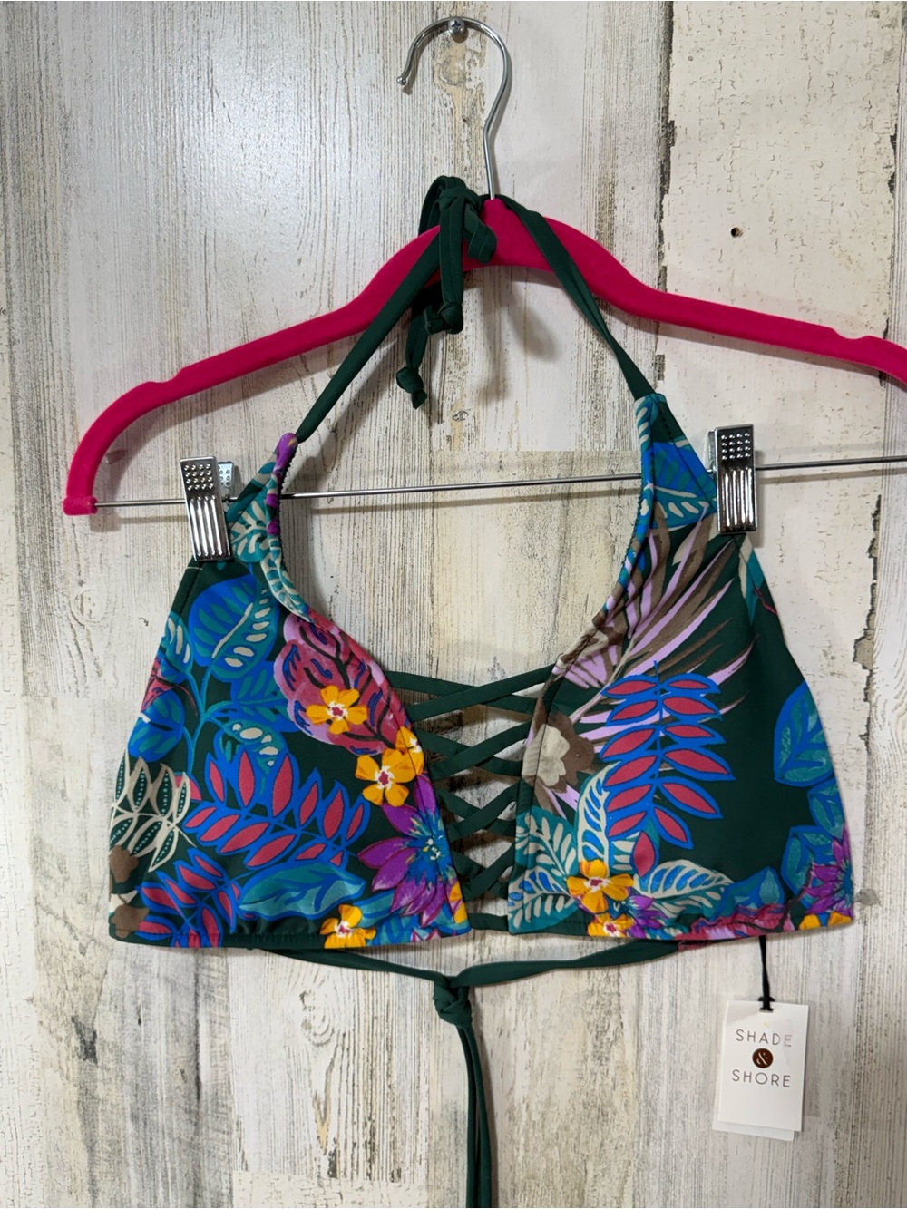 Shade & Shore Dark Green Tropical Lace-Up Bikini Top - Picture 9 of 10